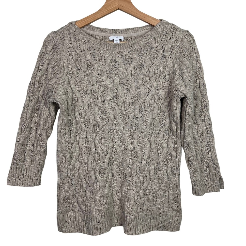 J. Jill Women's Petite Small Cable Knit Sweater Oatmeal Beige 3/4 Sleeve